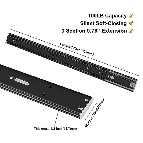 LONTAN 12 Inch Soft Close Drawer Slides Side Mount Dresser Drawer Glides 2 Pair Black 9.76" Extension Ball Bearing Heavy Duty Rails for Cabinets Drawer Hardware 100LB Capacity - color: Black, size: 12 Inch