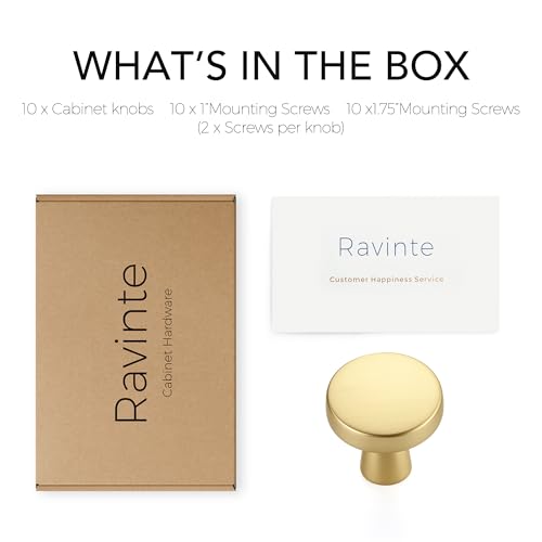 Ravinte 10 Pack Brushed Brass Cabinet Knobs Mini Round Knobs Single Hole Solid Drawer Pulls for Dresser Drawers -1 Inch Diameter - color: Brushed Brass