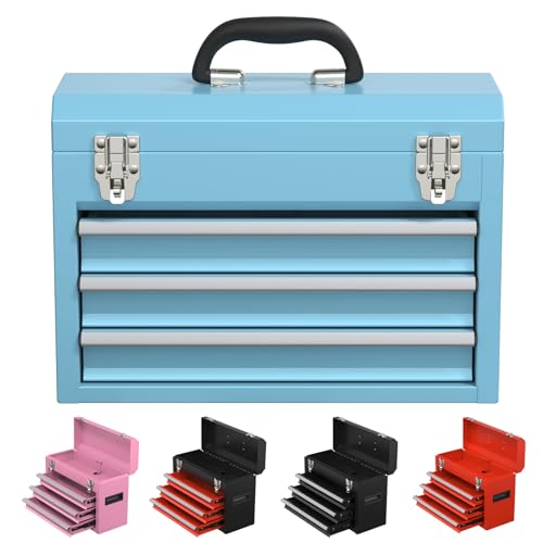 3 Drawers small Tool Box, Portable 3 Drawer Steel Tool Box with Locking System toolbox organization with Liner for Tools Storage (Blue) - color: Blue