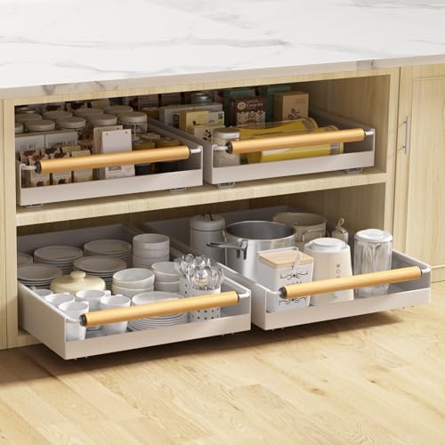 2 Pack No-Drill Pull Out Cabinet Organizer 15.3'' Deep Expandable Slide Out Drawers for Kitchen Pantry & Under Sink Storage, Adhesive Nano Film Mount, White - color: 2 Pack White