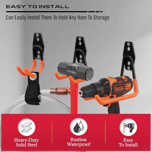 15-Piece Garage Wall Hooks with 3 Extension Straps, Orange Heavy Duty Tool Storage Rack for Ladder, Bike, Shovel, Garden Tools, Metal Wall Mount Organizer Set - style: 15-Pack Hooks + 3 Straps（orange）