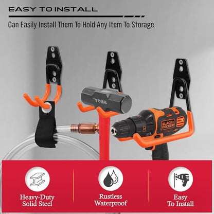15-Piece Garage Wall Hooks with 3 Extension Straps, Orange Heavy Duty Tool Storage Rack for Ladder, Bike, Shovel, Garden Tools, Metal Wall Mount Organizer Set - style: 15-Pack Hooks + 3 Straps（orange）