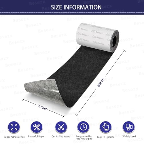 Besezx Leather Repair Patch Tape Kit, Self Adhesive Leather Repair for Furniture, Couch, Sofa, Car Seats,Office Chair,Vinyl Repair Kit.3.1inx60in - color: Black, size: 3.1 in x 60 in