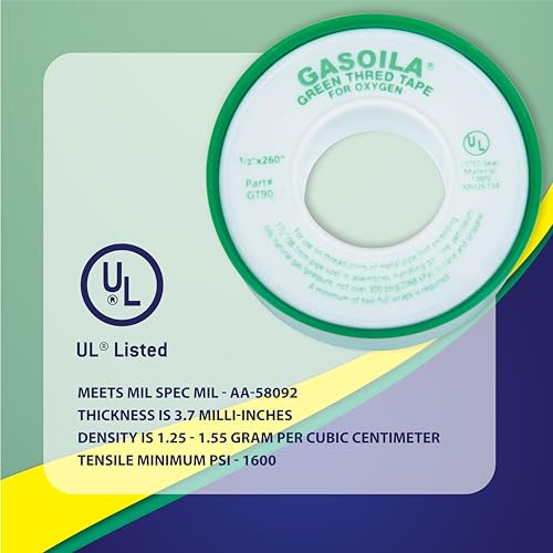 Gasoila Green PTFE Thread Seal Tape – Professional-Grade High-Density Thread Tape for Oxygen Lines – Leak-Proof Seal, Non-Toxic (1/2 Inch x 260 Inch Roll) - size: 1/2 Inch x 260 Inch Roll