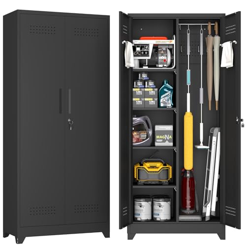 72.8" H Metal Broom Closet Storage Cabinet, Garage Storage Cabinet with Pegboard & Hanging Rod Hooks for Garage Home,Black - color: Black, size: 72.8''H-Cleaning cabinet