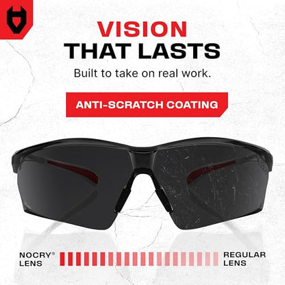 NoCry Safety Sunglasses with Green Tinted Wraparound Lenses; Tinted Safety Glasses for Men and Women with Adjustable Arms & No-Slip Grips; Work Glasses with UV 400 Protection; ANSI Z87.1 Rated - color: White & Red