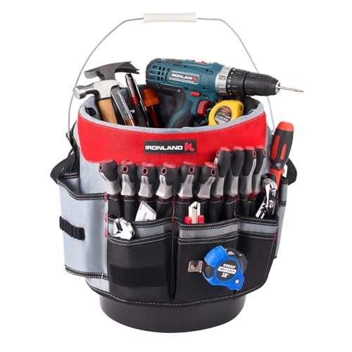 IRONLAND Bucket Tool Organizer Fit 3.5-5 Gallon Bucket, 64 Pockets, Bucket Tool Caddy Organization for Garden, Construction, Carpenter, Electrician, Builder red - color: Red, size: Medium - 64 Pockets