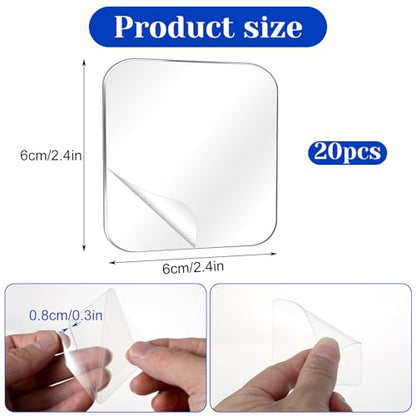 20 Pcs Double Sided Adhesive Square Pads, 2.4" Removable Clear Square Adhesive Wall Tape Stickers for Hanging, Waterproof Squares Heavy Duty Double-Sided Nano Tape for DIY Craft Home Office Shower