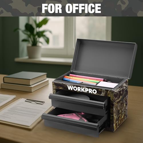 WORKPRO Metal Mini Tool Box, Top Tool Chest containing Two Drawers with Ball Bearing Slides, PVC Drawer Liners and PP Feet Pads, Durable Cold Rolled Steel Small Toolbox for Multi-Purpose Storage - color: Green Camo