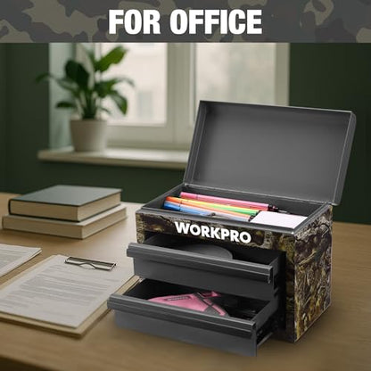 WORKPRO Metal Mini Tool Box, Top Tool Chest containing Two Drawers with Ball Bearing Slides, PVC Drawer Liners and PP Feet Pads, Durable Cold Rolled Steel Small Toolbox for Multi-Purpose Storage - color: Green Camo