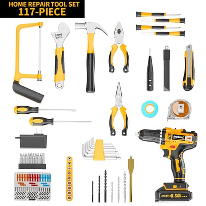 117-Piece Tool Kit with 20V Cordless Drill Mechanic Tool Set for Home & Auto Repair Toolbox Storage Case Perfect for Men, DIYers, Handymen
