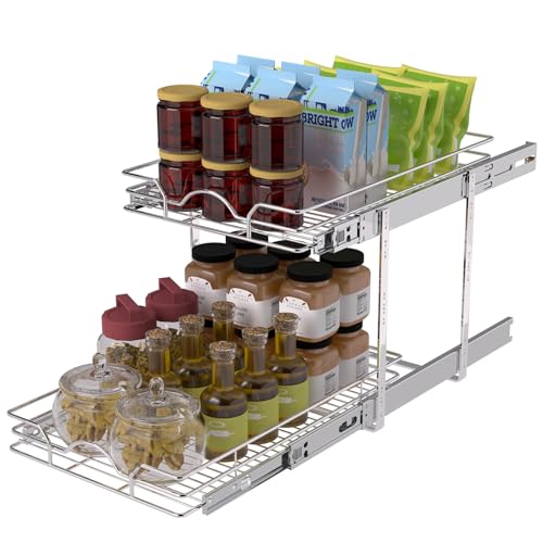 OCG 2 Tier Pull Out Cabinet Organizer (12.5" W x 21" D), Pull Out Drawers for Kitchen Cabinets, Pull Out Shelves for Base Cabinet Organization in Kitchen Bathroom Pantry, Chrome Finish - size: 12.5"W x 21"D, 2 Tier