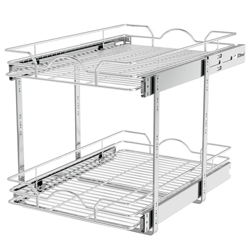 OCG 2 Tier Pull Out Cabinet Organizer (15.5" W x 21" D), Pull Out Drawers for Kitchen Cabinets, Pull Out Shelves for Base Cabinet Organization in Kitchen Bathroom Pantry, Chrome Finish - size: 15.5"w X 21"d, 2 Tier