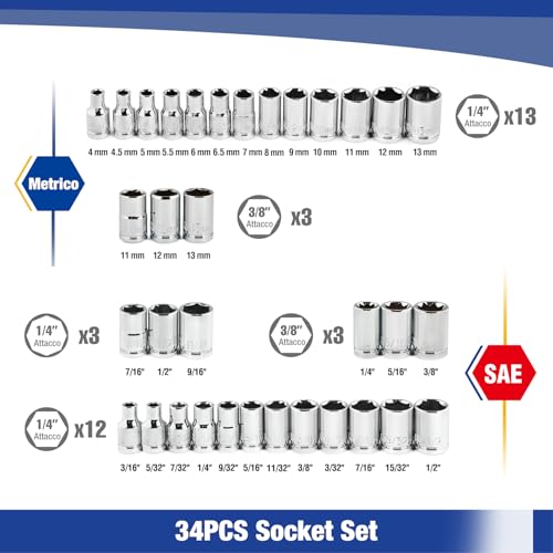 WORKPRO 39-Piece Drive Socket Set 1/4'' & 3/8'', CR-V Metric and SAE Sockets with Quick-Release Ratchet Wrench, Extension Bar, Spinner Handle & Adapter, Compact Mechanics Tool Set for Car Repair - color: Silver