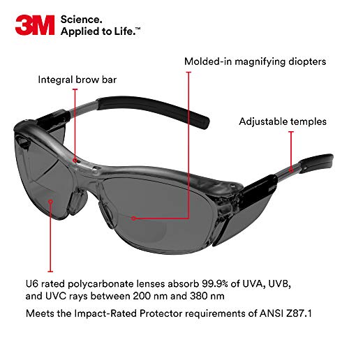 3M Safety Glasses with Readers, Nuvo Readers, +2.0 Diopter, ANSI Z87, Gray Lens, Gray Frame, Soft Nose Bridge, Side Shields - color: Gray Lens, Gray Frame, size: +2.0 Diopter