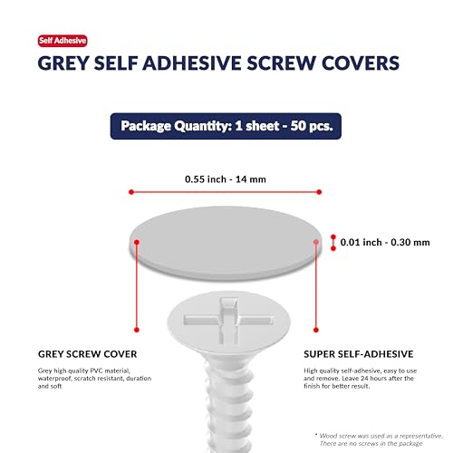 Grey Self-Adhesive Screw Hole Stickers - 50 pcs. 0.55 inch / 14 mm Peel Stick Dust Proof Tape, Water Resistance PVC Caps for Wood Cabinets, Furniture, Drawer, Wardrobe, Kitchen, Table - color: Grey, size: 0.55 inch - 14 mm