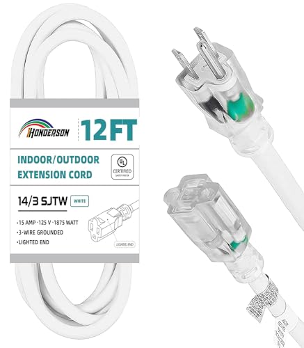 Indoor Outdoor Extension Cord Weatherproof with Lighted End, UL Certified, 14 Gauge 12FT White 3 Prong Heavy Duty, 14/3 SJTW 15A Power Cord for Outdoor Lights, Lawn - size: 12FT, style: 14/3
