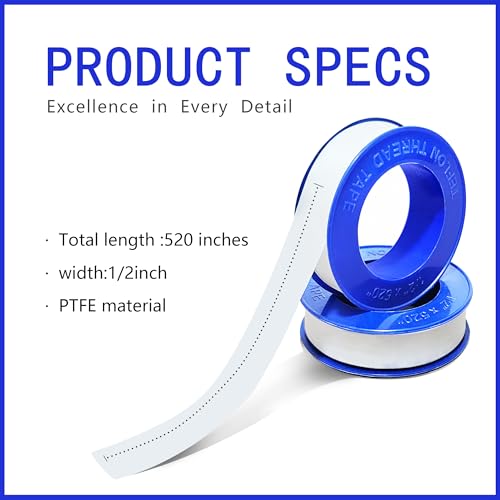 5 Rolls 1/2 Inch(W) X 520 Inches(L) Teflon Tape PTFE Thread Sealant Plumbers Tape for Seal Water Pipe, Shower Head,Prevent Leakage, White