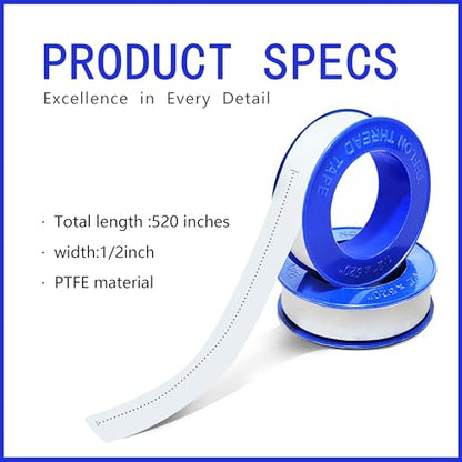 5 Rolls 1/2 Inch(W) X 520 Inches(L) Teflon Tape PTFE Thread Sealant Plumbers Tape for Seal Water Pipe, Shower Head,Prevent Leakage, White