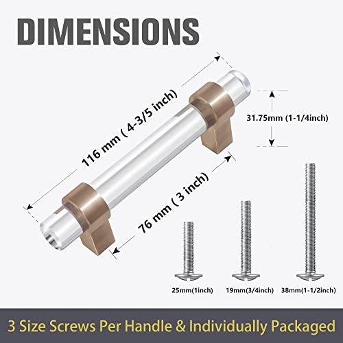 Champagne Bronze Cabinet Pulls, Clear Glass Crystal Drawer Pulls 3 Inch, Brass Dresser Drawer Handles (76mm, 5 Pack) - color: Champagne Bronze, size: Hole Center : 3 Inch (76mm), style: 5 Pack