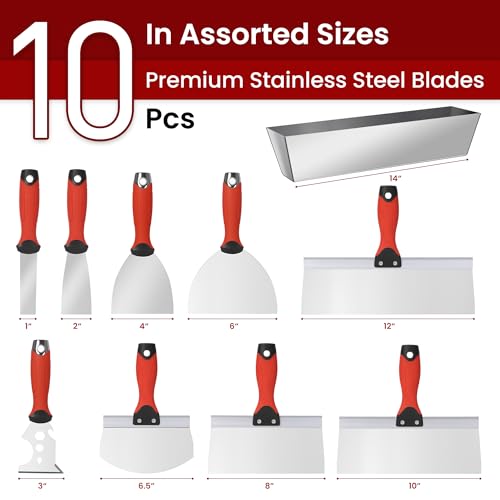 10Pcs Drywall Tool Kit, Stainless Steel Putty Knife Set with 1"-6" Knives, 8"-12" Taping Knives, 9-in-1 Painter Scraper, 12" Mud Pan & 6" Scoop for Drywall Taping, Finishing, and Patching