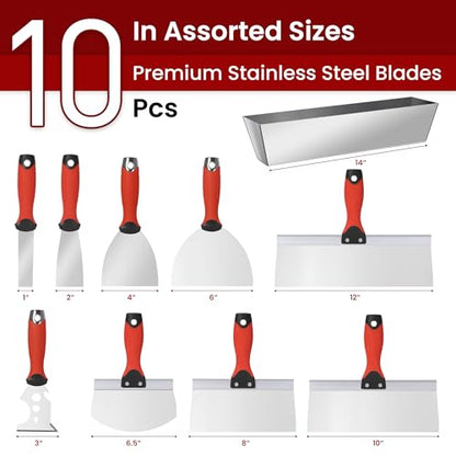 10Pcs Drywall Tool Kit, Stainless Steel Putty Knife Set with 1"-6" Knives, 8"-12" Taping Knives, 9-in-1 Painter Scraper, 12" Mud Pan & 6" Scoop for Drywall Taping, Finishing, and Patching