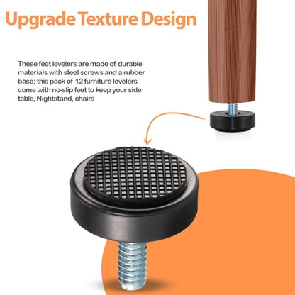NEWBYTEK 1/4-20 Adjustable Furniture Leveler, 12 Pack Rubber Leveling Feet Screws in Threaded, Feet Levelers Screw On Furniture Glide Leveling for Table, Chair, Furniture Legs - size: 1/4"-20 | Replacement Only (No Nut)