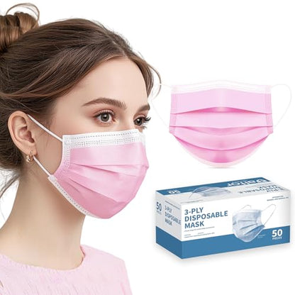 50 Pack Pink Disposable Face Mask for Adults, Solid Pink Breathable 3-Ply Earloop Full Face Protection for Women & Teen Girls