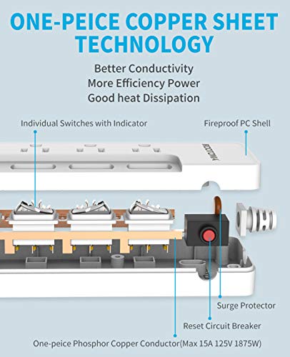 ROOTOMA Power Strip Surge Protector with Individual Switches,6-Foot 14AWG Long Extension Cord 1875W/15A Wall Mount for Office Dorm Home Theatre (6outlets-6ft) - size: 6 Ft - 6 Ac - White