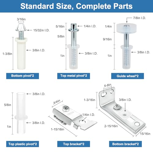 Bifold Door Hardware Repair Kit - 2 Pack with Parts for Bifold, Sliding, Closet, Pocket, Barn Doors Top & Bottom Brackets, 3/8" Pivot, 7/8" - 1" Guide Wheels Fits Common Track