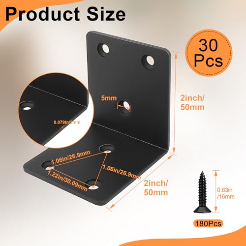 30 Pack Angle Brackets, 2" x 2" Black Heavy Duty Stainless Steel Corner Brace, L Shaped Shelf Bracket 90 Degree Corner Bracket for Wood Furniture Cabinets Shelves - size: 2"x2"(black)