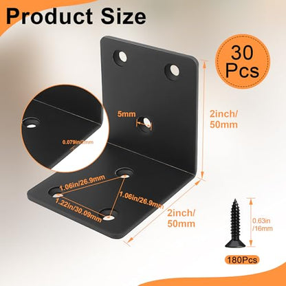 30 Pack Angle Brackets, 2" x 2" Black Heavy Duty Stainless Steel Corner Brace, L Shaped Shelf Bracket 90 Degree Corner Bracket for Wood Furniture Cabinets Shelves - size: 2"x2"(black)