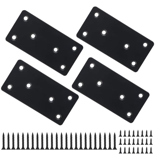 4 Pack Flat Mending Plate 4 x 2 Inch, Heavy Duty Black Stainless Steel Straight Brace Bracket for Wood, Furniture & Shelf Repair, Wood Connector Plate with Countersunk M4 Screws - size: 2"x4"
