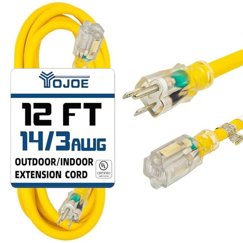 YOJOE Indoor Outdoor Extension Cord with Lighted End, 3 Prong 15A Weatherproof Power Cord, 14 Gauge Heavy Duty 12 ft Yellow Extension Cord for Garage, Garden and Home, 14/3 SJTW UL Listed - color: Yellow, size: 12 Foot