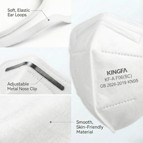 Kingfa KN95 Face Masks 50 Pack, GB2626-2019 Certified 5-Layer, 95% Filtration, Adjustable Nose Clip - color: White