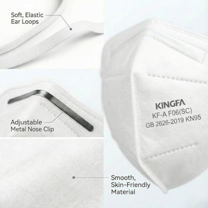 Kingfa KN95 Face Masks 50 Pack, GB2626-2019 Certified 5-Layer, 95% Filtration, Adjustable Nose Clip - color: White
