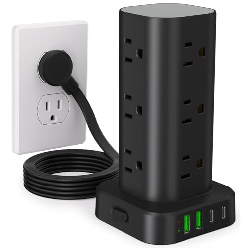 Power Strip Tower with Multiple Outlets, Flat Plug Surge Protector Tower Extension Cord with 12 AC Outlets 4 USB Ports (2 USB C), 6FT Cord Power Tower Surge Protector for Home Office Dorm Room, Black - color: Black, size: 6FT without Wireless Charging