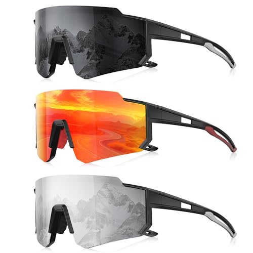 3 Pack Polarized Sunglasses for Men Women, Sports Mens Sunglasses with UV Protection for Baseball Cycling Running - color: B09-gray/Red/White