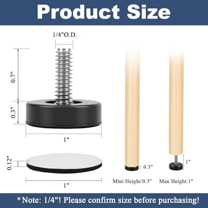 1/4” Thread Leveling Feet, 12 PCS Adjustable Furniture Levelers for Uneven Floors, Heavy Duty Screw-in Table Leg Levelers with Felt Pads, for Table, Cabinets, Chairs, Stool Legs
