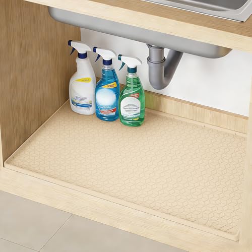 TRZZ Silicone Waterproof Under Sink Mat 28" x 22", Drip Tray and Cabinet Liner for Kitchen and Bathroom, Prevents Water Damage and Organizes Cabinets (Beige) - color: Beige, size: 22"W x 28"L