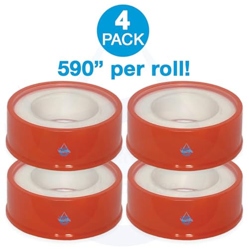 Teflon Tape (PTFE), .63 Inch (W) X 590 Inches (L) Plumbers Tape For A Secure Thread Seal, Four Rolls, Use On Plumbing Fittings, PVC Pipe, Hose Connections, Shower and Bath Fixtures and So Much More!