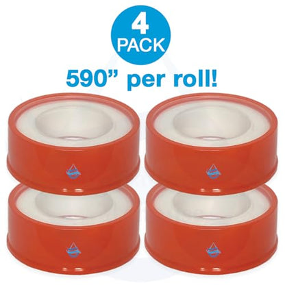 Teflon Tape (PTFE), .63 Inch (W) X 590 Inches (L) Plumbers Tape For A Secure Thread Seal, Four Rolls, Use On Plumbing Fittings, PVC Pipe, Hose Connections, Shower and Bath Fixtures and So Much More!