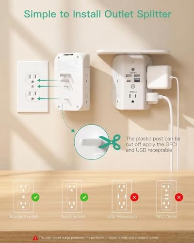 PD20W Wall Outlet Extender with Shelf & Night Light – 5 AC Outlets, 2 USB-A, 2 USB-C, 3-Sided Wide-Space Design, Surge Protector, Multi-Plug Outlet Splitter – Ideal for Home Office, College Dorm, RV - size: 2a2c&pd 20w