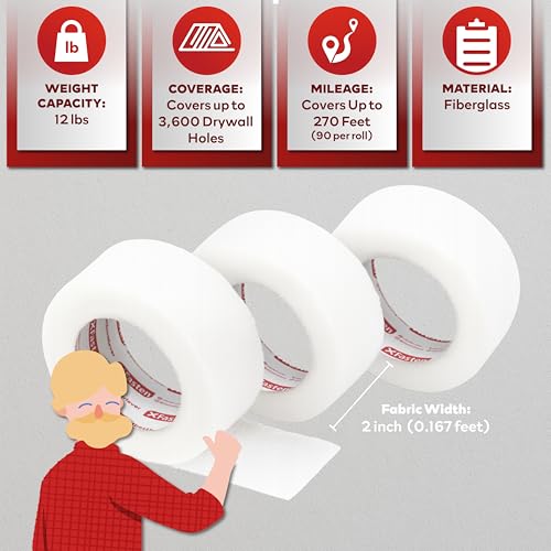 XFasten Drywall Tape Self Adhesive (3-Pack 270ft Total) Heavy-duty Fiberglass Drywall Mesh Tape for Dry Wall Repair, Joint Mesh Sealer, Patch Holes, and Sheetrock Seam Stress Cracks - 2-Inch x 90-Feet - size: 2-inches X 90-feet (3-pack)