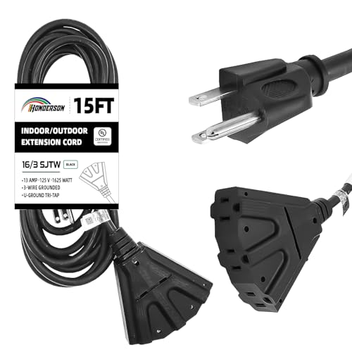 3-Outlets Indoor Outdoor Extension Cord Weatherproof, UL Certified, 16 Gauge 15FT Black 3 Prong Heavy Duty, 16/3 SJTW 13A Power Cord - color: Black, size: 15ft