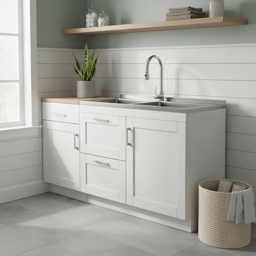 SIMPLIHOME Modern Wide Shaker All-in-One 46 inch Wide Utility Sink and Laundry Cabinet in Pure White Finish, Transitional Stainless Steel Sink Cabinet for Laundry Rooms with High-Arch Chrome Faucet - color: White, size: 46 inch