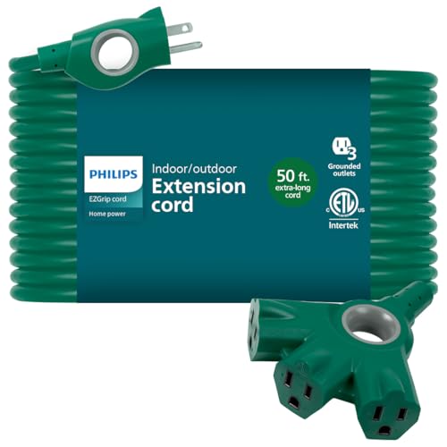 Philips EZGrip Outdoor Extension Cord with Multiple Outlets, Grounded 3 Prong Cord, Long Extension Cord Indoor with Multiple Outlets, Heavy Duty, 50 Ft, 16 AWG, Green, SPC3503ZG/37-T1 - color: Green, size: 50 Ft, style: 3-Outlet