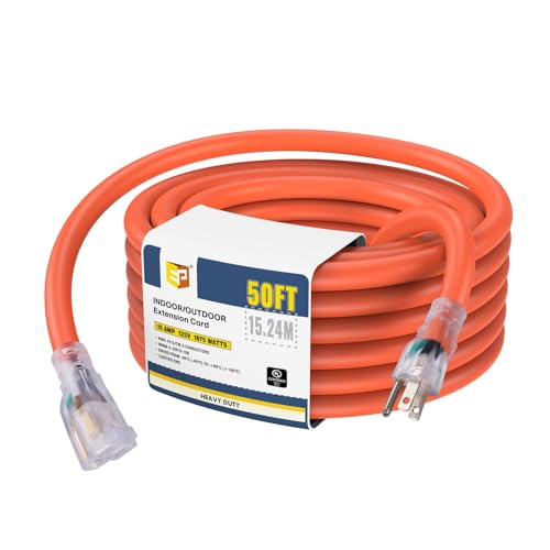 EP 50 Ft Lighted Outdoor Extension Cord - 10/3 SJTW Heavy Duty Orange Extension Cable with 3 Prong Grounded Plug for Safety, UL Listed - color: Orange, size: 50ft