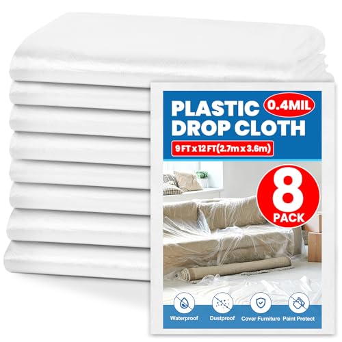8 Pack Plastic Drop Cloth, 9 x 12 Feet Plastic Sheeting, Painter's Sheeting & Tarps for Painting, Dustproof Painters Plastic Tarp for Furniture Cover - color: 8p