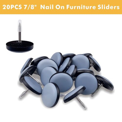 20PCS 7/8" Furniture Glides Sliders, Real PTFE Nail on Chair Sliders for Wood Floors, Heavy Duty Furniture Sliders for Furniture On Carpet